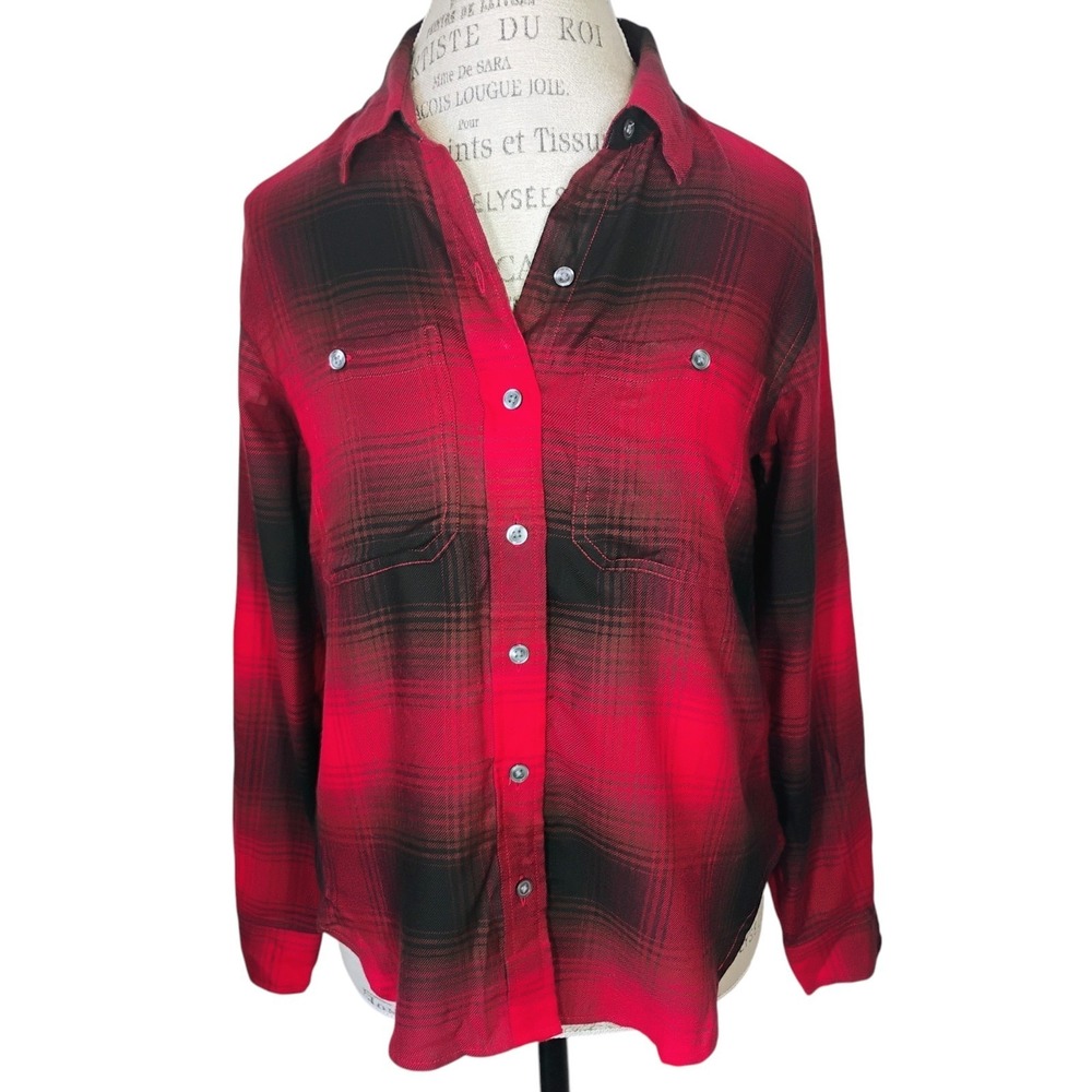 Banana Republic Shadow Plaid Button Front Shirt Womens Small Red Black Classic
